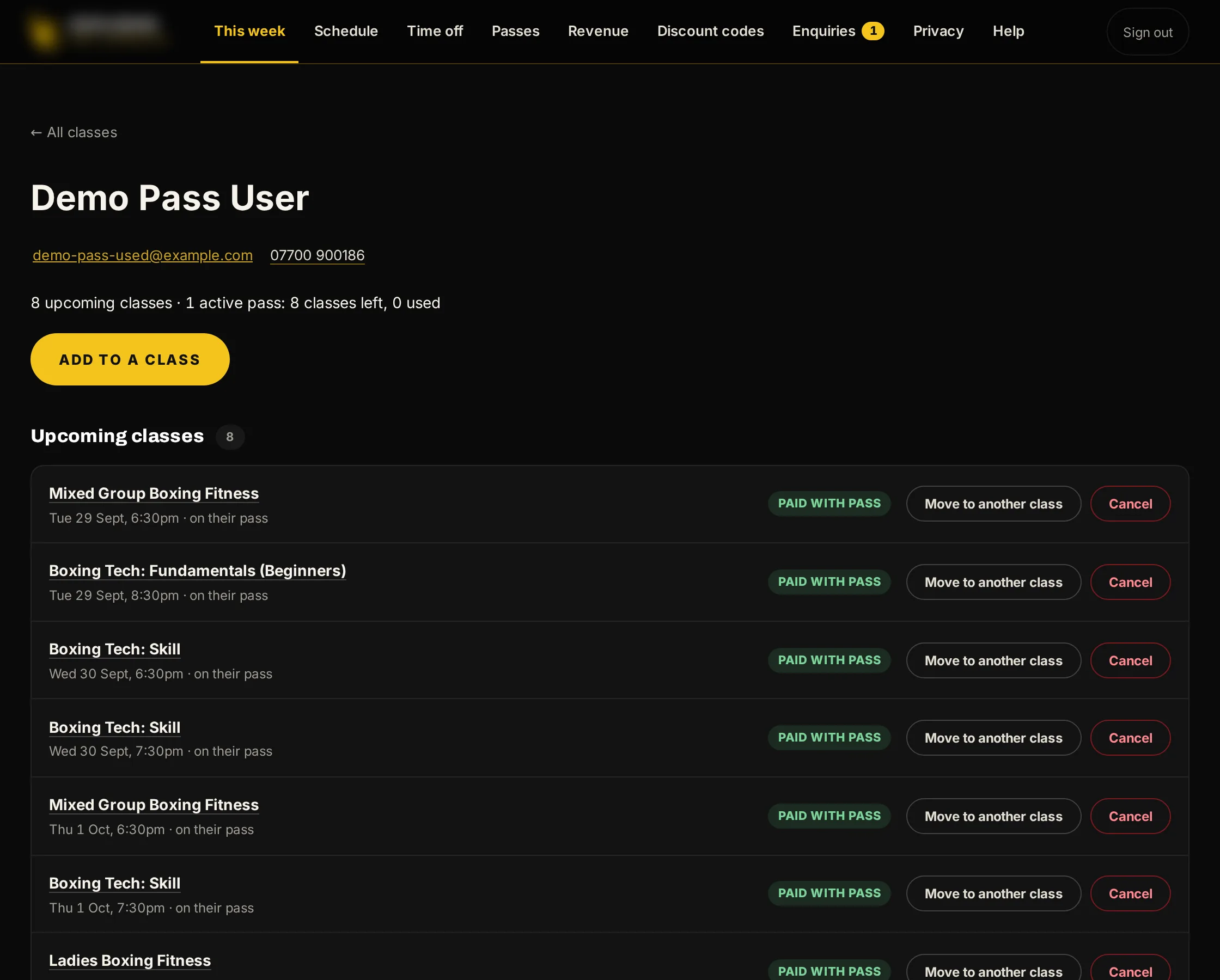 Sample data, the staff console: a customer, Demo Pass User, and their upcoming classes on a pass.