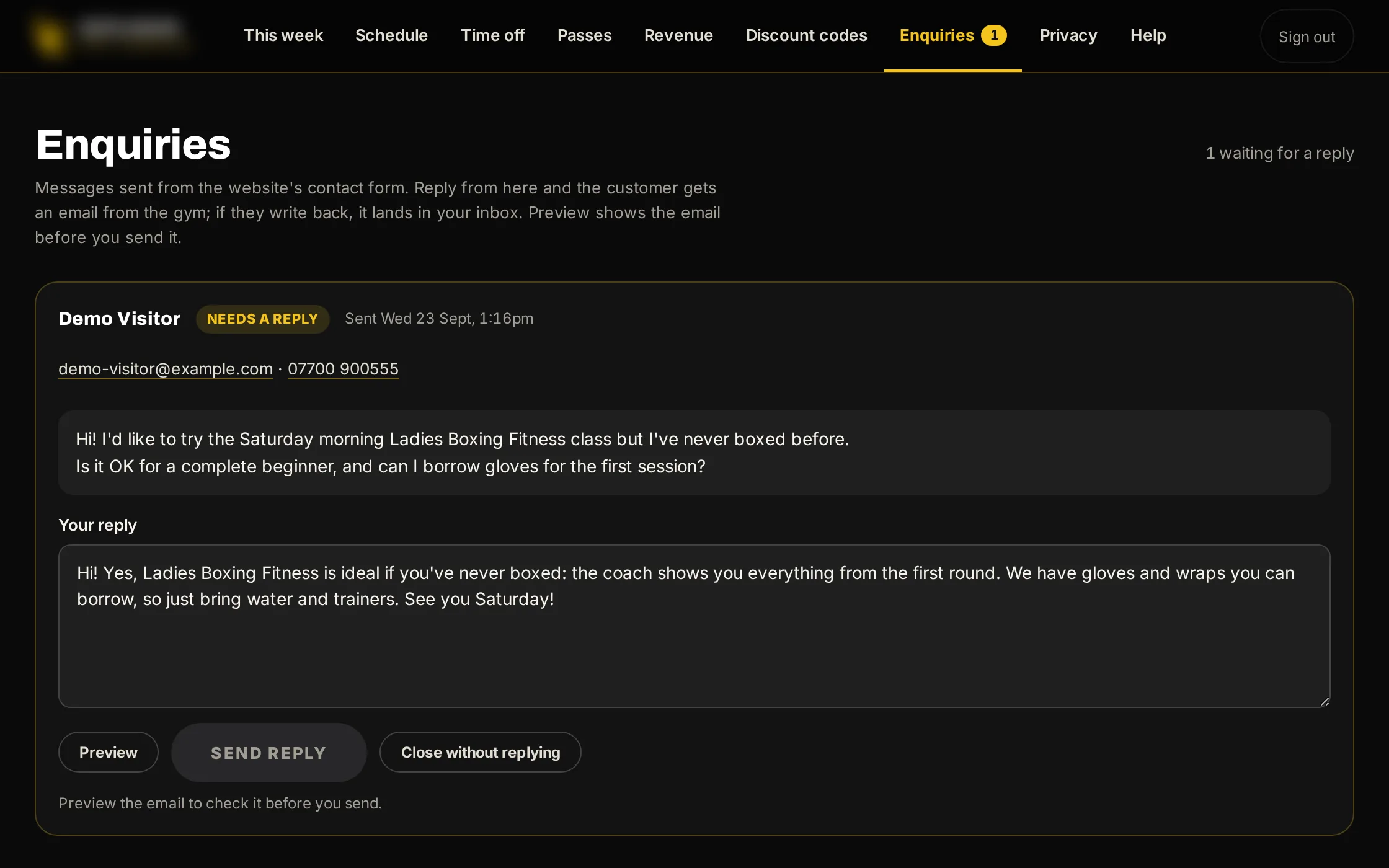 Sample data, the staff console: an enquiry from the website’s contact form, with a reply box.