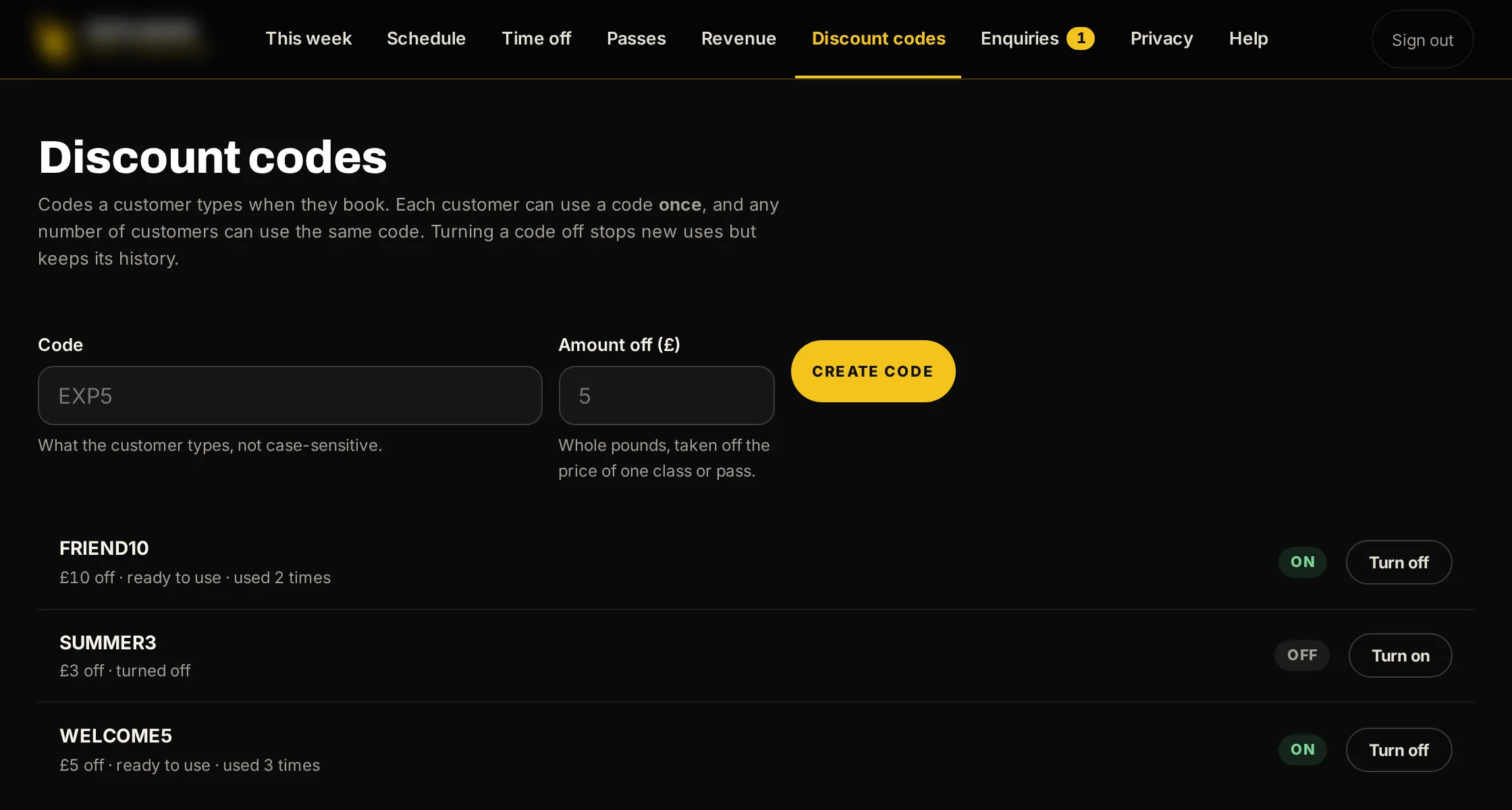 Sample data, the staff console: discount codes WELCOME5, FRIEND10 and SUMMER3, each with how often it has been used.