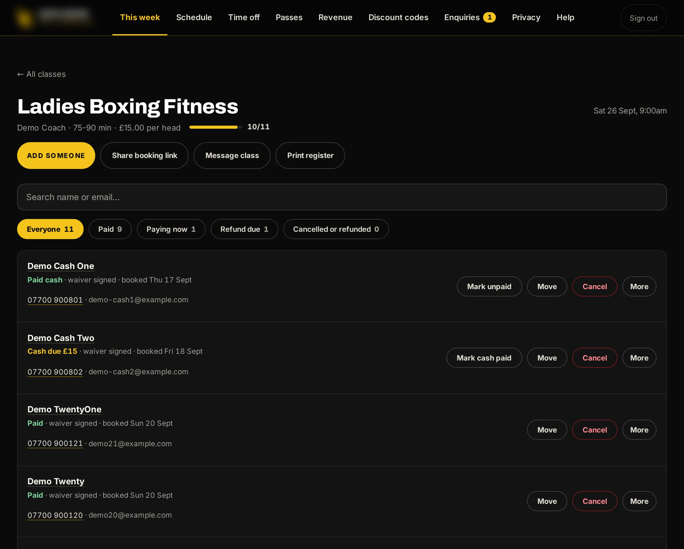 Sample data, the staff console: a class list, Ladies Boxing Fitness, with each person shown as paid, paid cash or cash due.