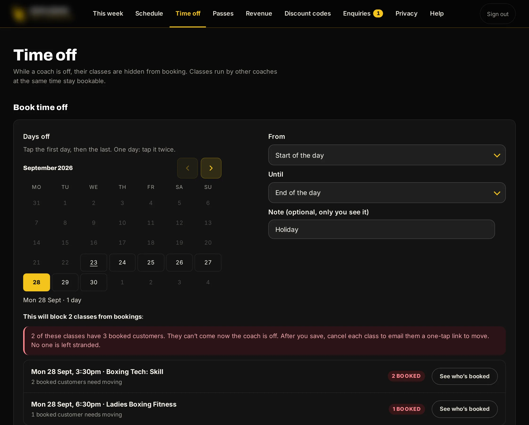Sample data, the staff console: time off for a coach.