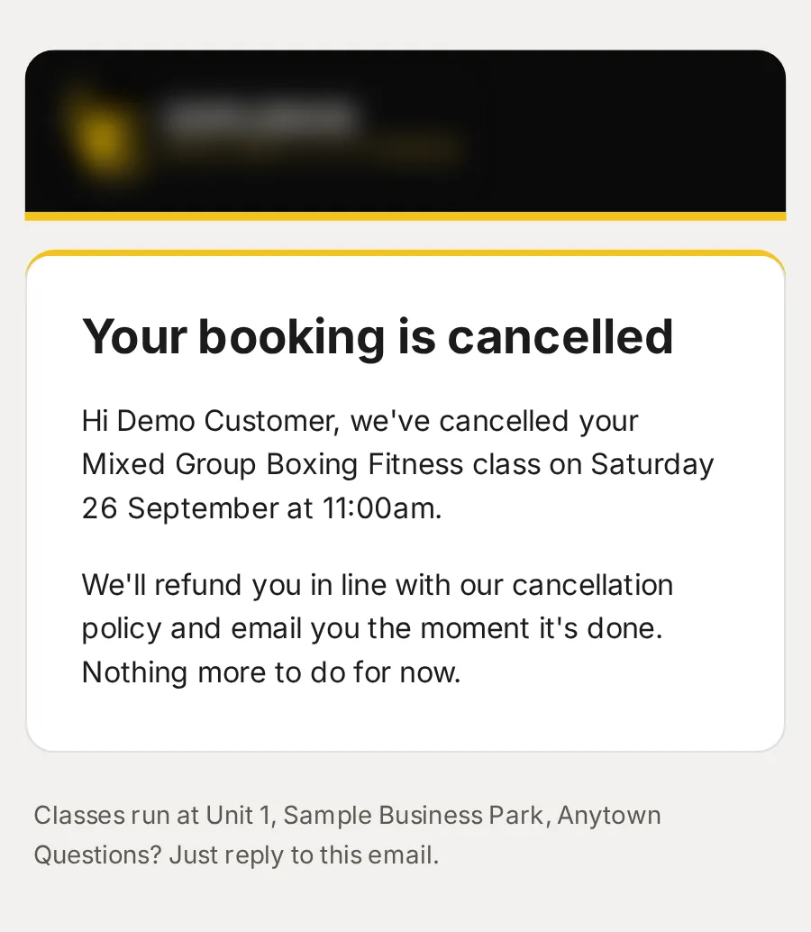 Sample data: the email “Your booking is cancelled”, on a phone.