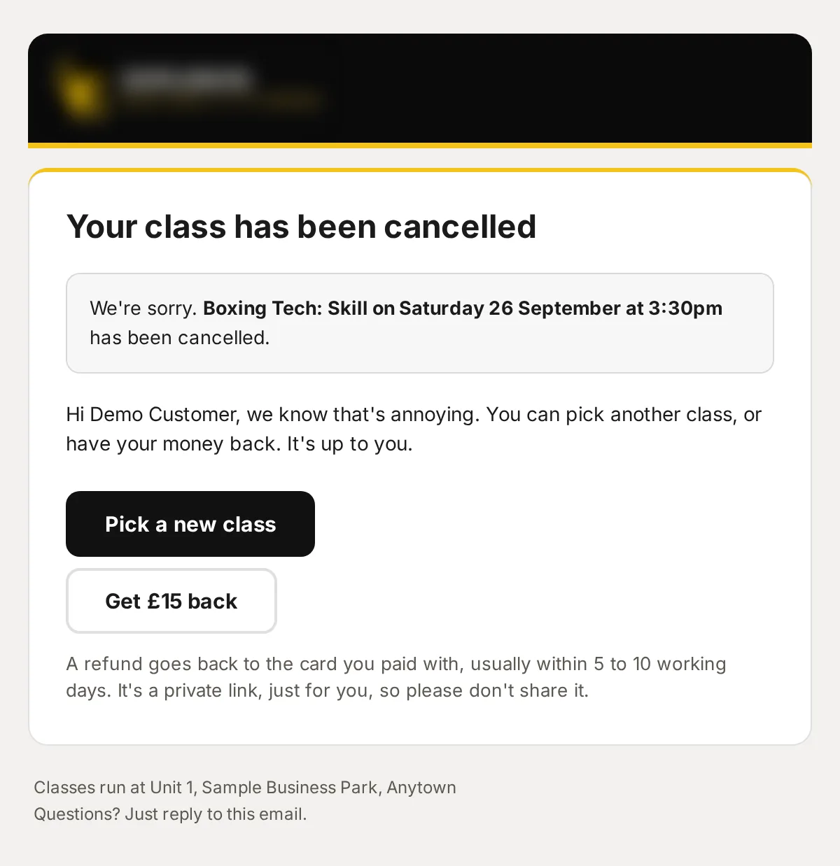 Sample data: the email “Your class has been cancelled”.