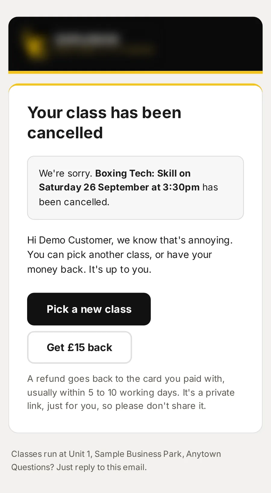 Sample data: the email “Your class has been cancelled”, on a phone.