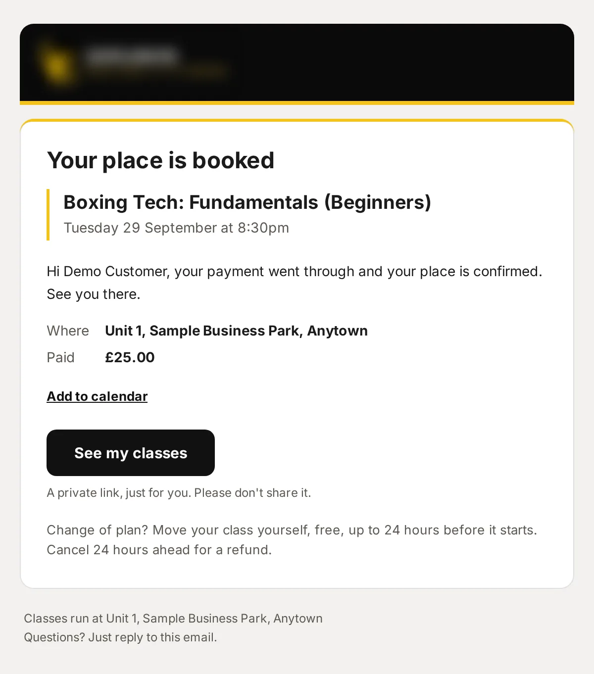 Sample data: the email “Booking confirmed: Boxing Tech: Fundamentals (Beginners)”.