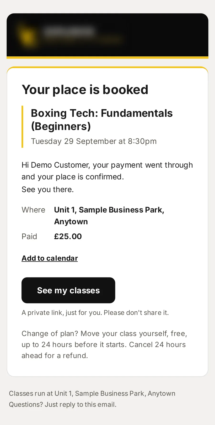Sample data: the email “Booking confirmed: Boxing Tech: Fundamentals (Beginners)”, on a phone.