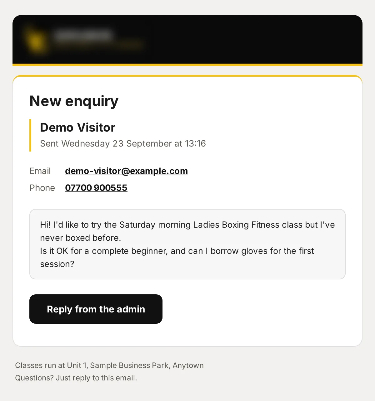 Sample data: the email “New enquiry from Demo Visitor”.