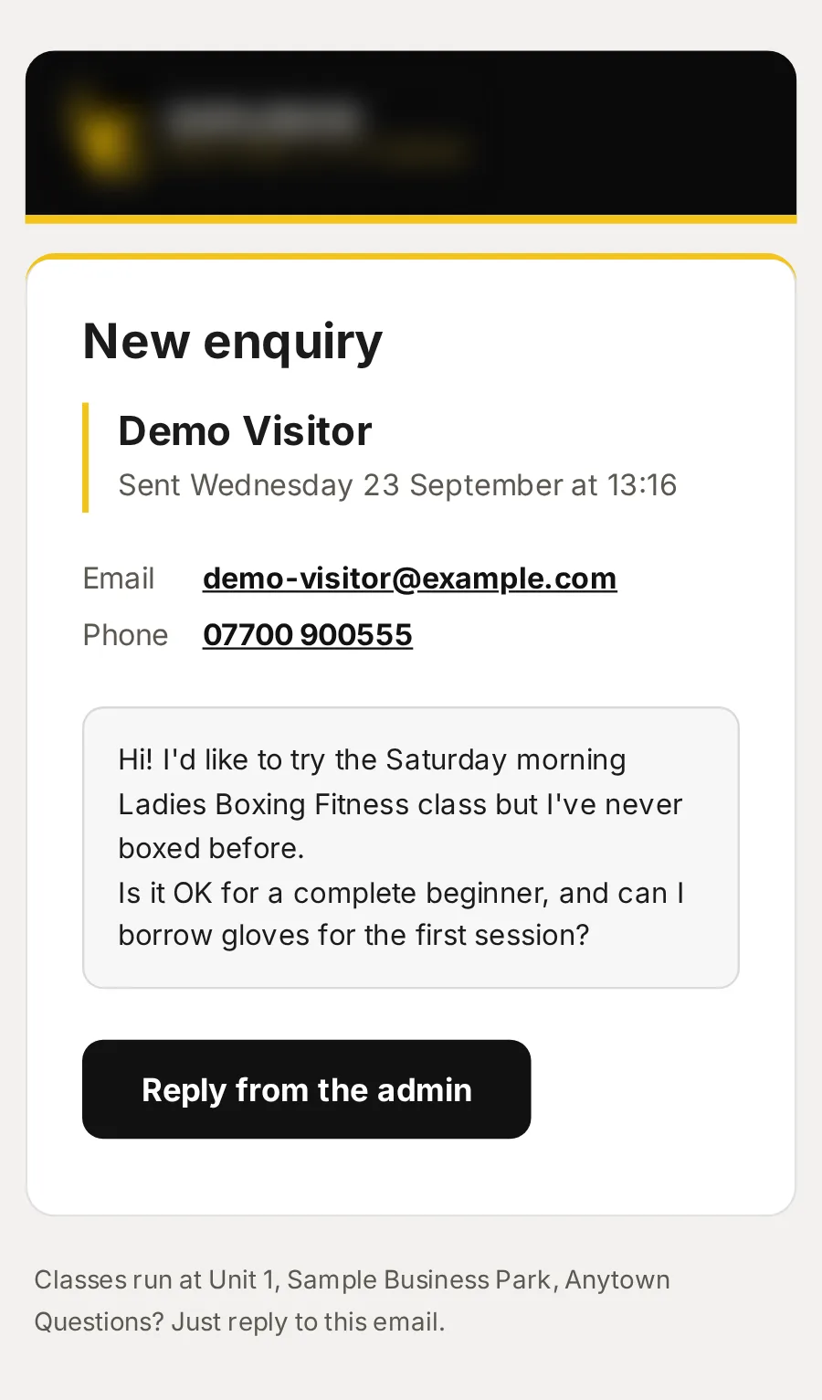 Sample data: the email “New enquiry from Demo Visitor”, on a phone.
