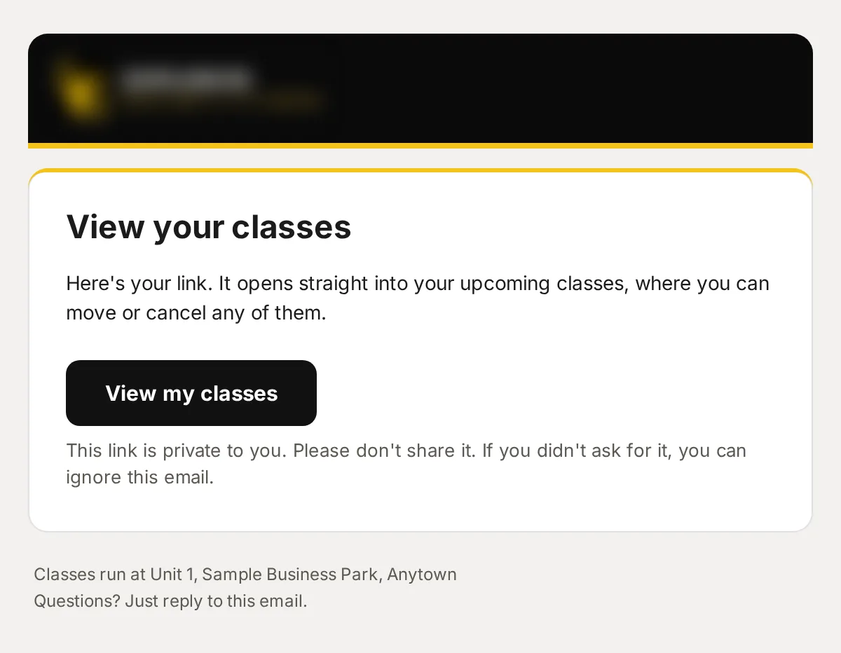Sample data: the email “Your link to view your classes”.