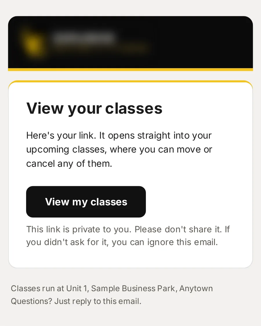 Sample data: the email “Your link to view your classes”, on a phone.