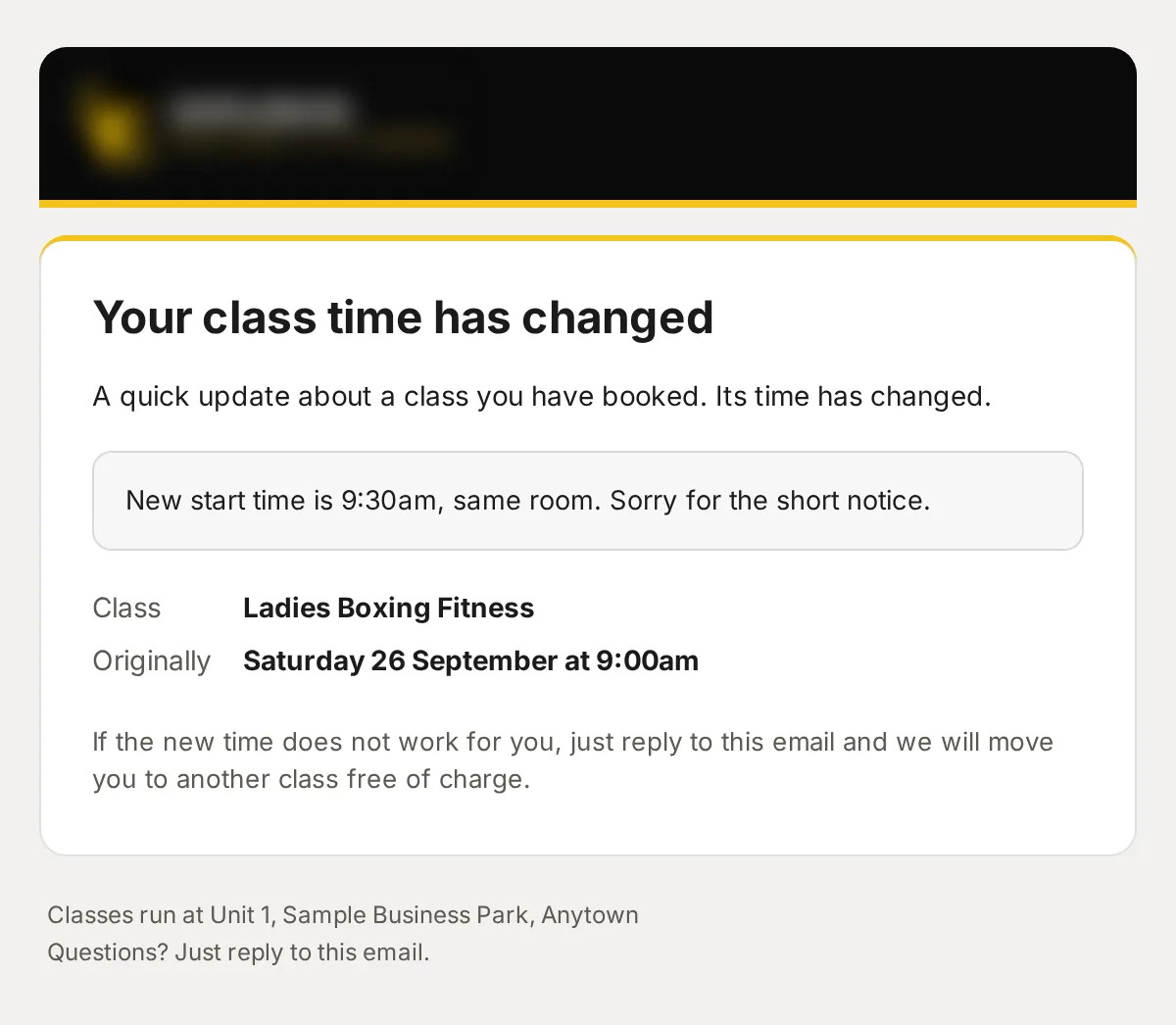 Sample data: the email “Time change: Ladies Boxing Fitness”.