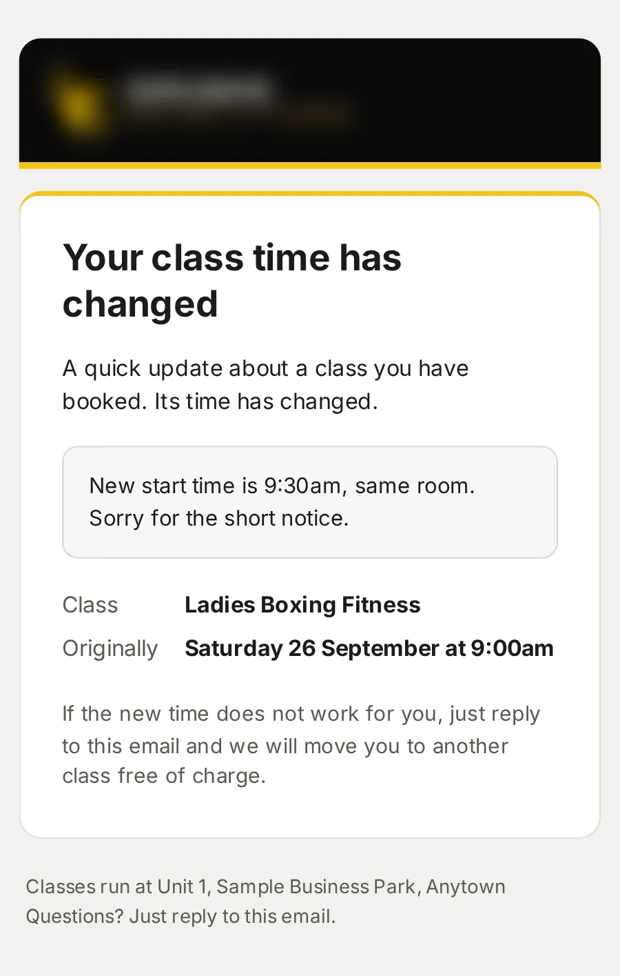 Sample data: the email “Time change: Ladies Boxing Fitness”, on a phone.