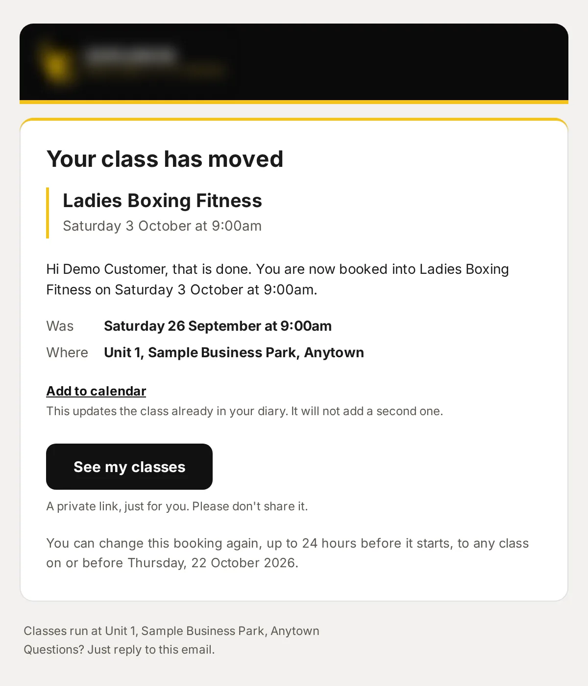 Sample data: the email “Moved: Ladies Boxing Fitness”.