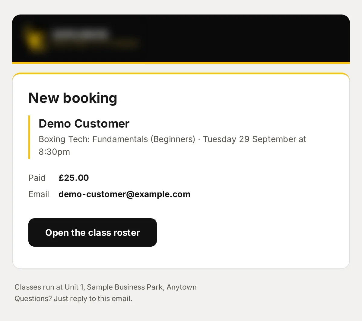 Sample data: the email “New booking: Boxing Tech: Fundamentals (Beginners)”.