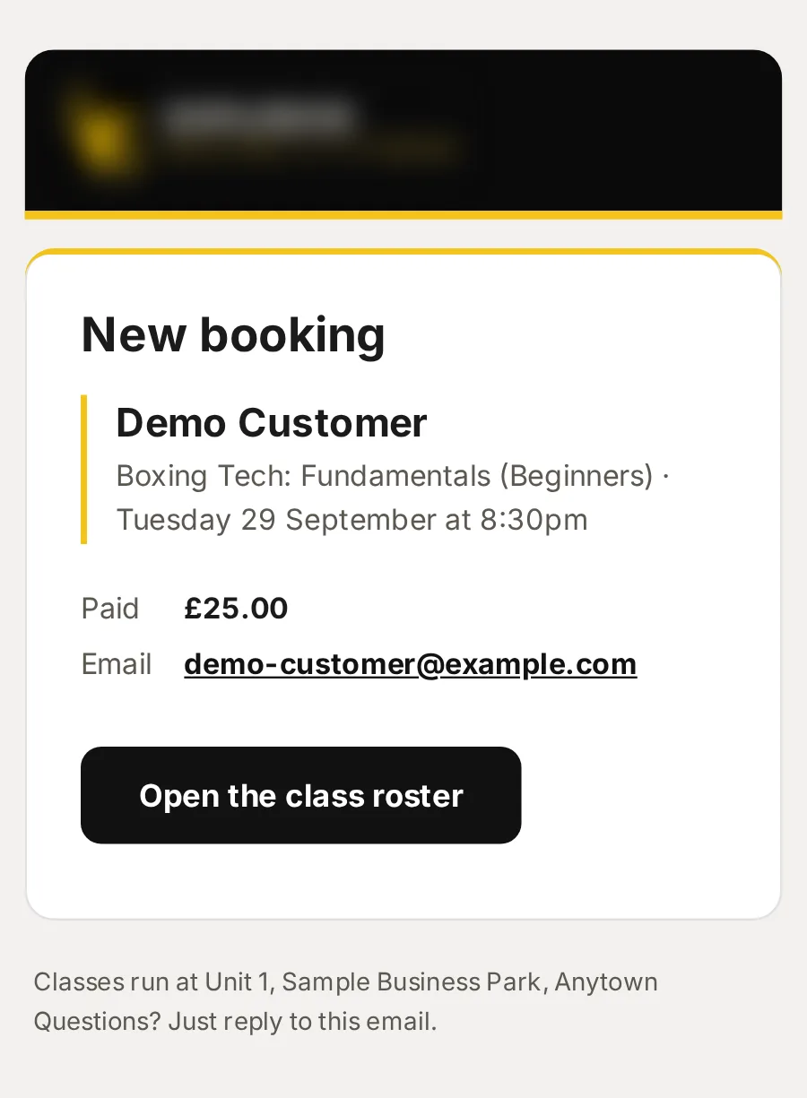 Sample data: the email “New booking: Boxing Tech: Fundamentals (Beginners)”, on a phone.