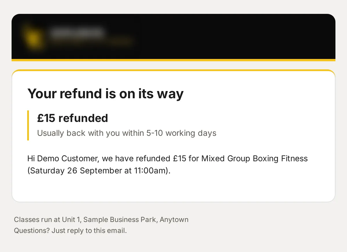 Sample data: the email “Refund: Mixed Group Boxing Fitness”.