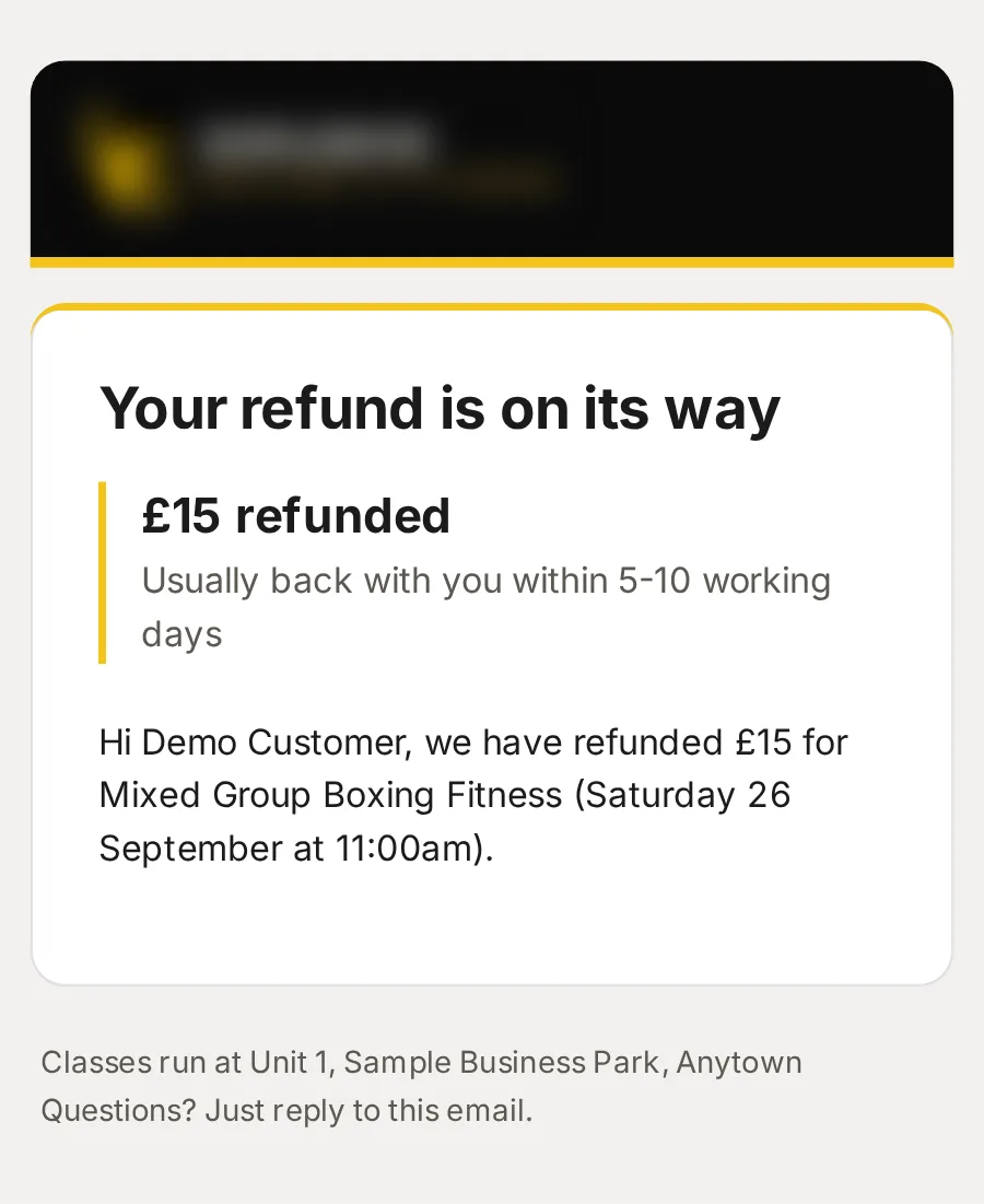 Sample data: the email “Refund: Mixed Group Boxing Fitness”, on a phone.