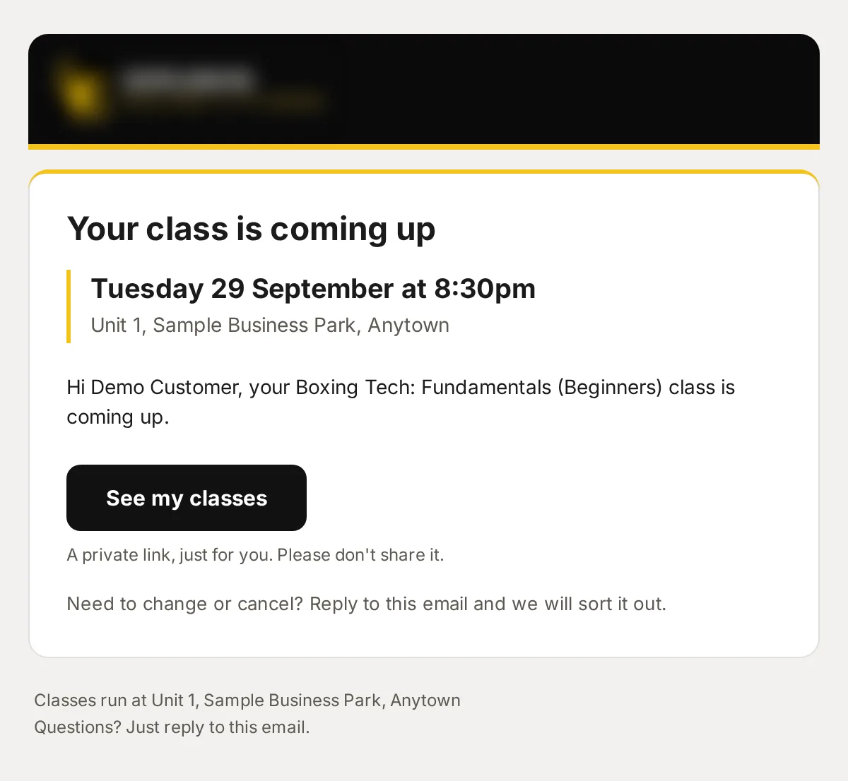 Sample data: the email “Reminder: your Boxing Tech: Fundamentals (Beginners) class is coming up”.