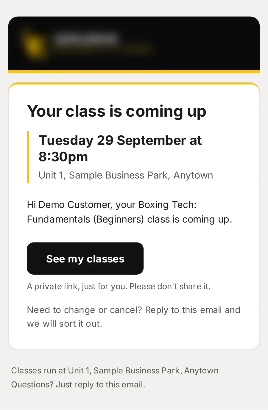 Sample data: the email “Reminder: your Boxing Tech: Fundamentals (Beginners) class is coming up”, on a phone.