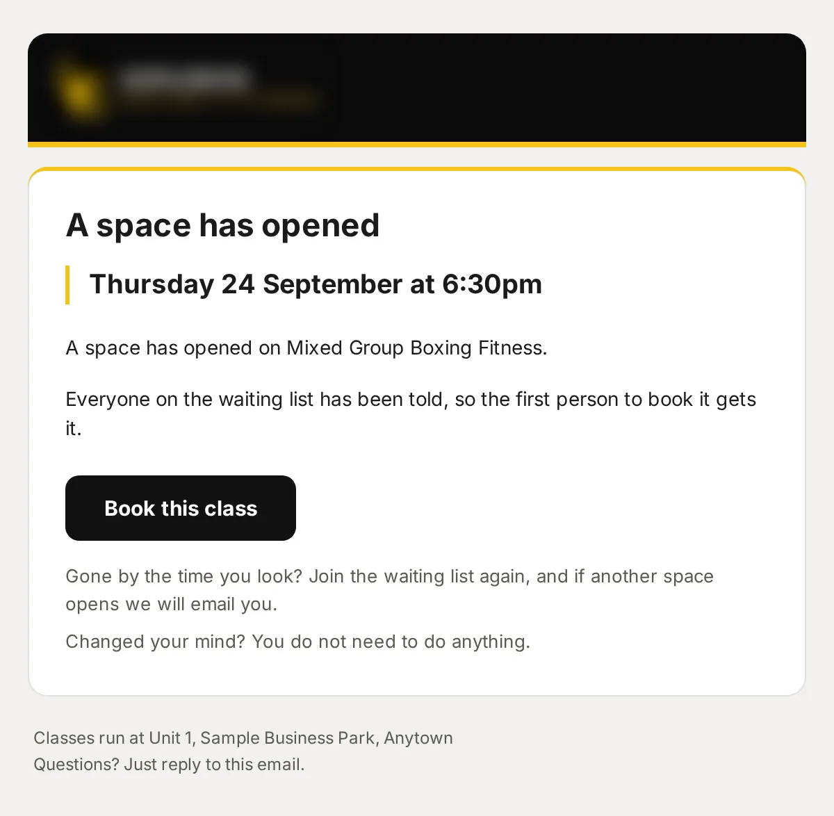 Sample data: the email “A space has opened: Mixed Group Boxing Fitness, Thursday 24 September at 6:30pm”.