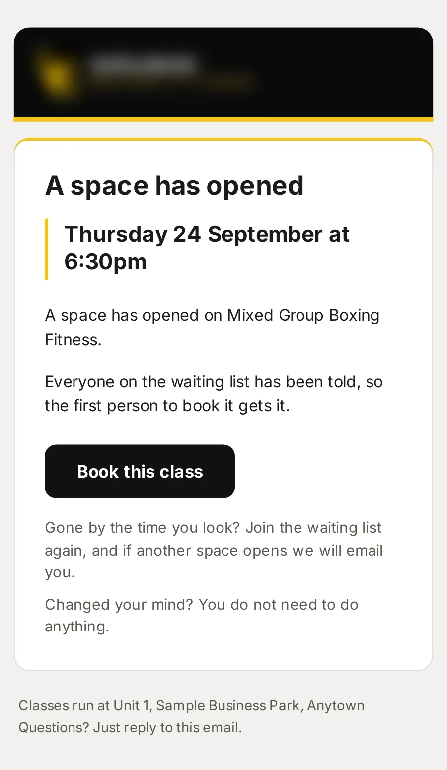 Sample data: the email “A space has opened: Mixed Group Boxing Fitness, Thursday 24 September at 6:30pm”, on a phone.
