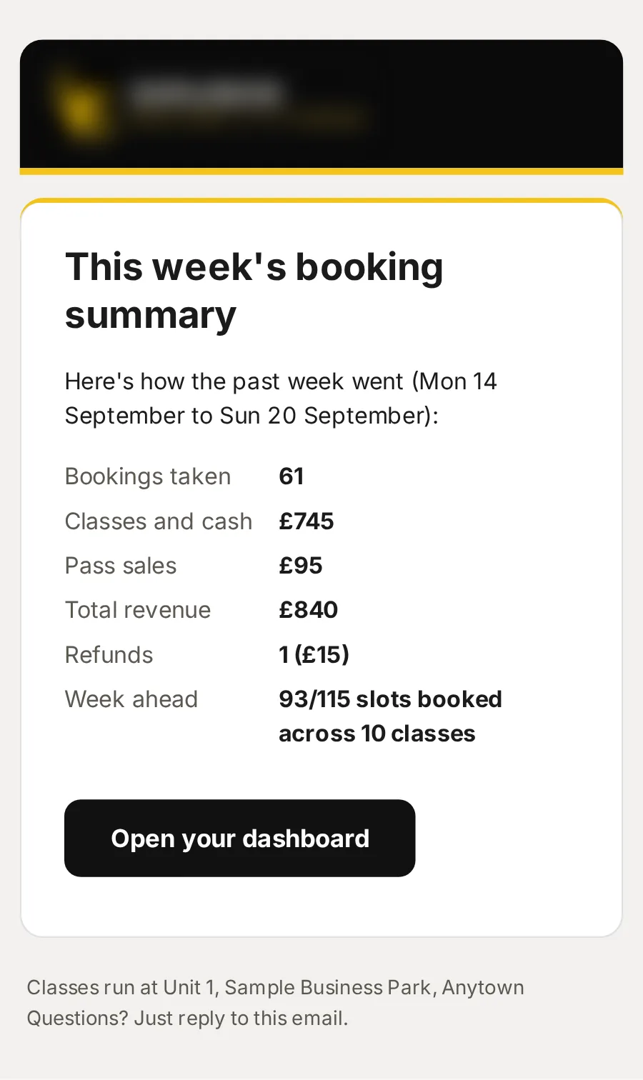 Sample data: the email “Your weekly booking summary”, on a phone.