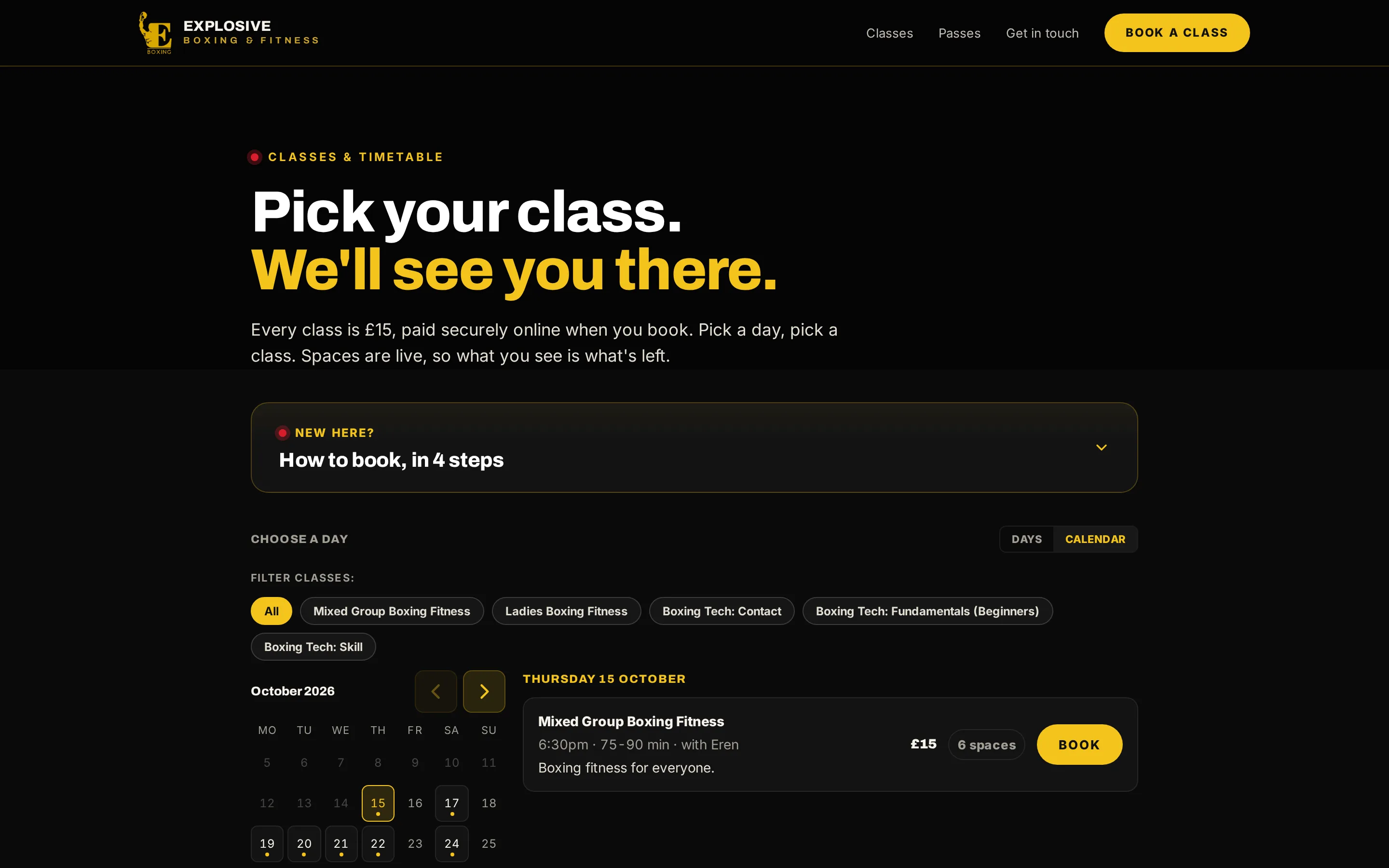 Explosive Boxing & Fitness’s website, the classes and timetable page.