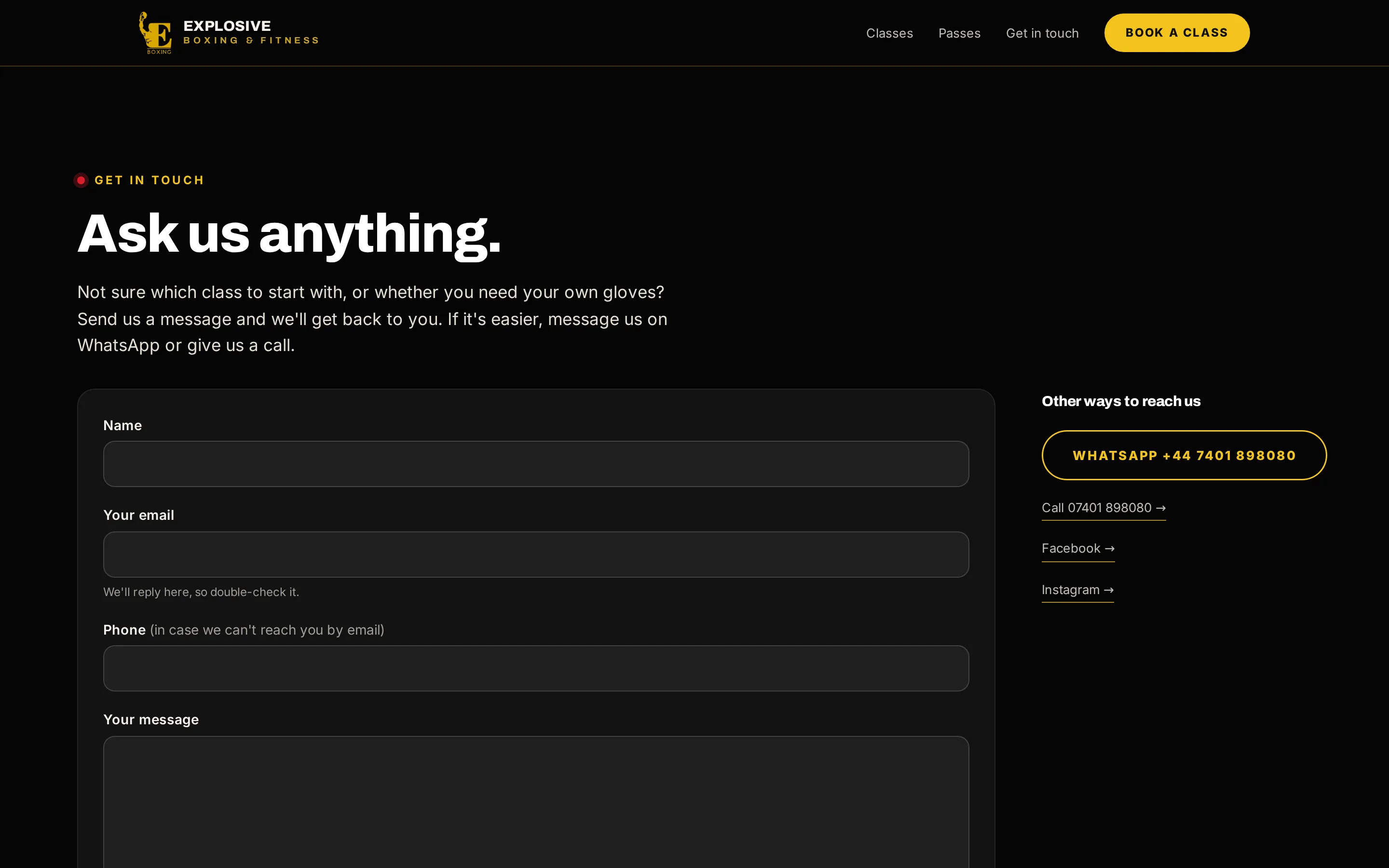 Explosive Boxing & Fitness’s website, the contact page.