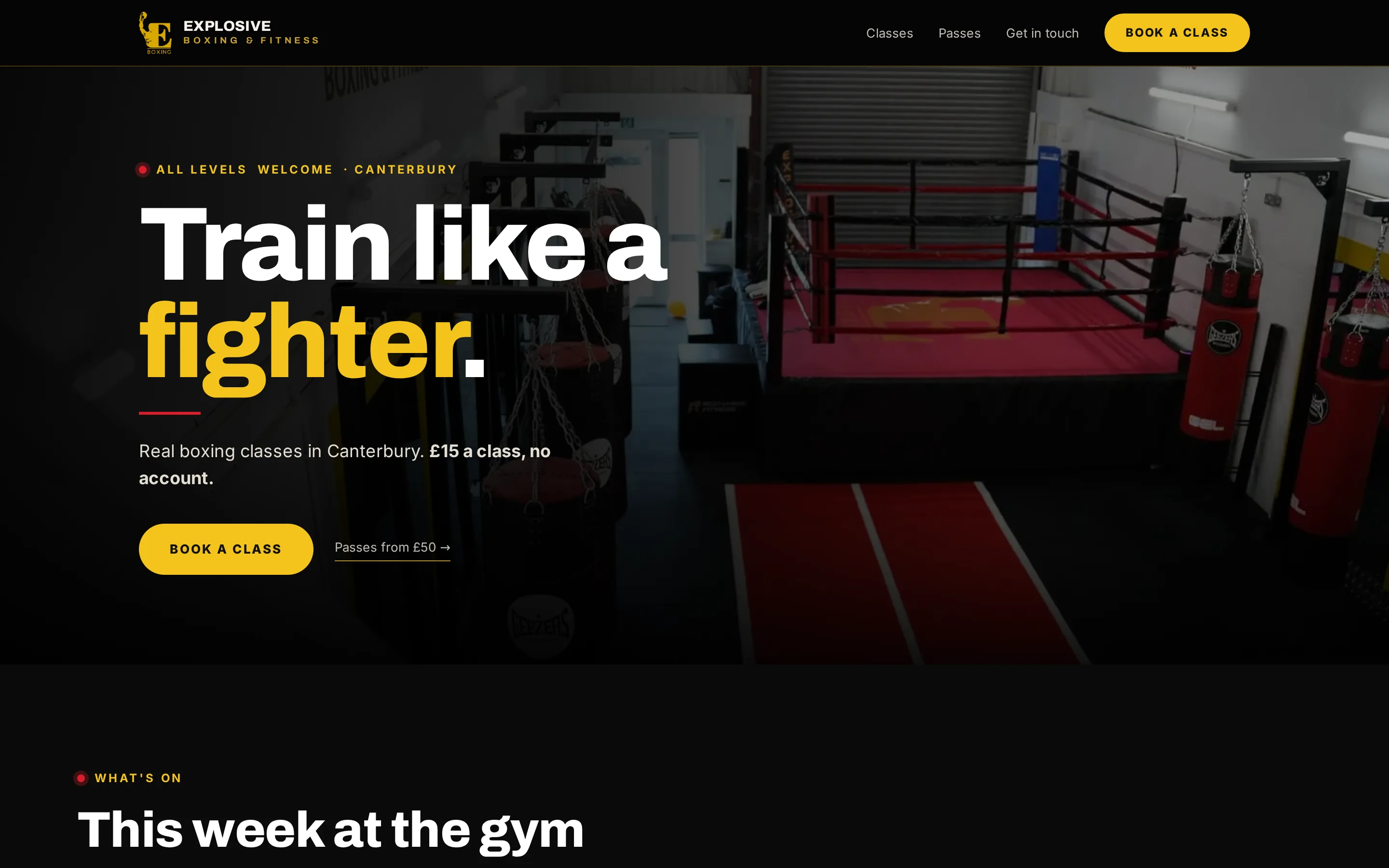 Explosive Boxing & Fitness’s website, the home page.