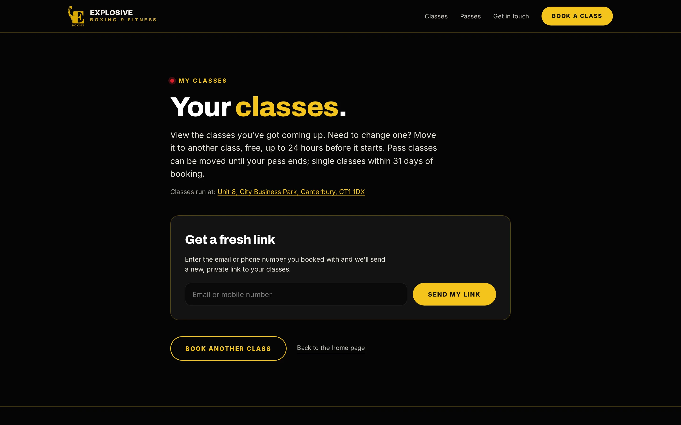 Explosive Boxing & Fitness’s website, the My classes page: Get a fresh link.