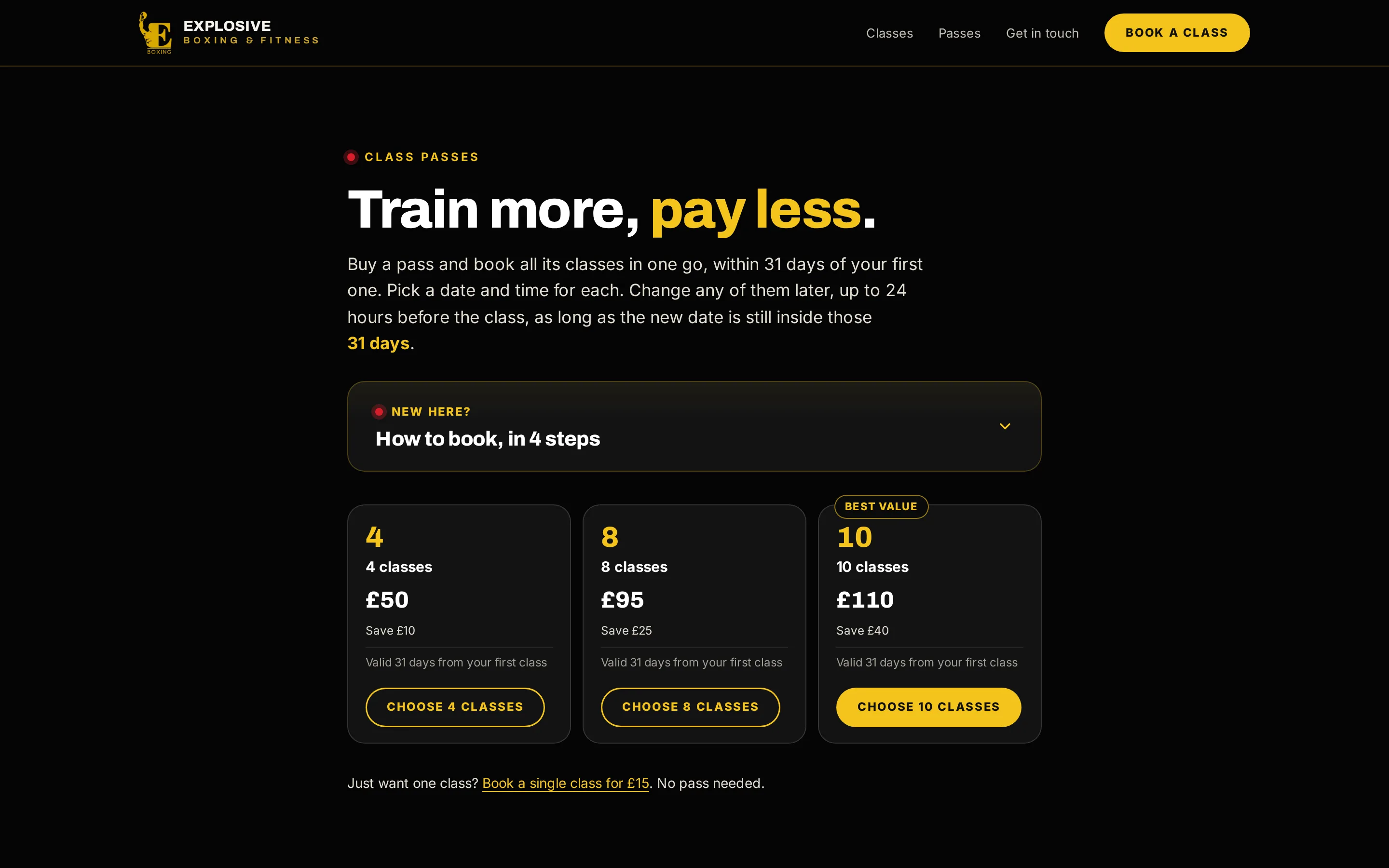 Explosive Boxing & Fitness’s website, the passes page.